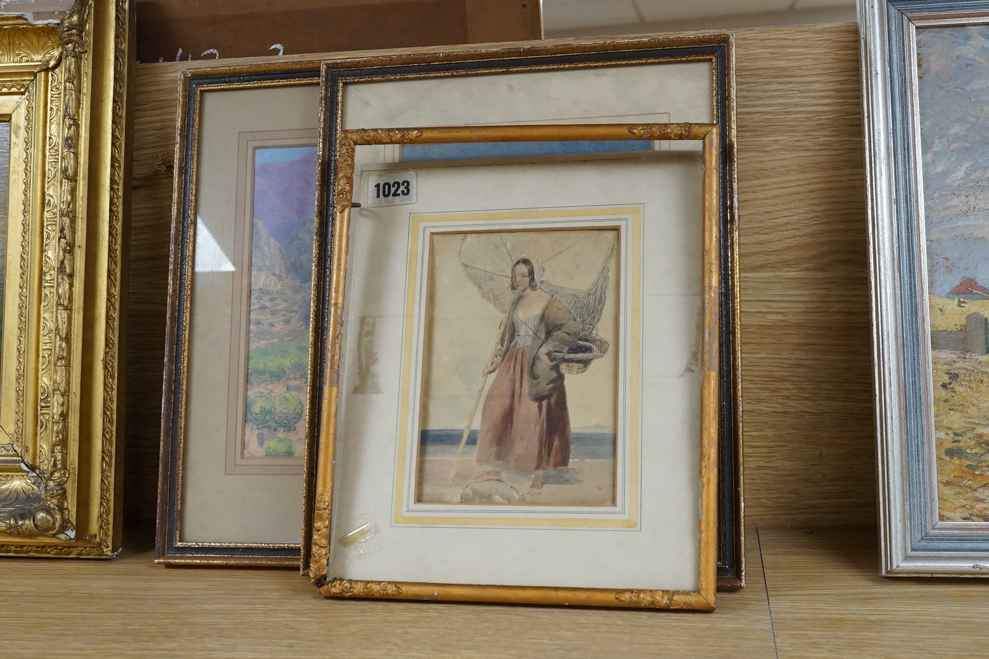 Victorian School, watercolour, Study of a Cornish fisherwoman with a fishing net and two later landscapes pastel landscapes. Condition - fair